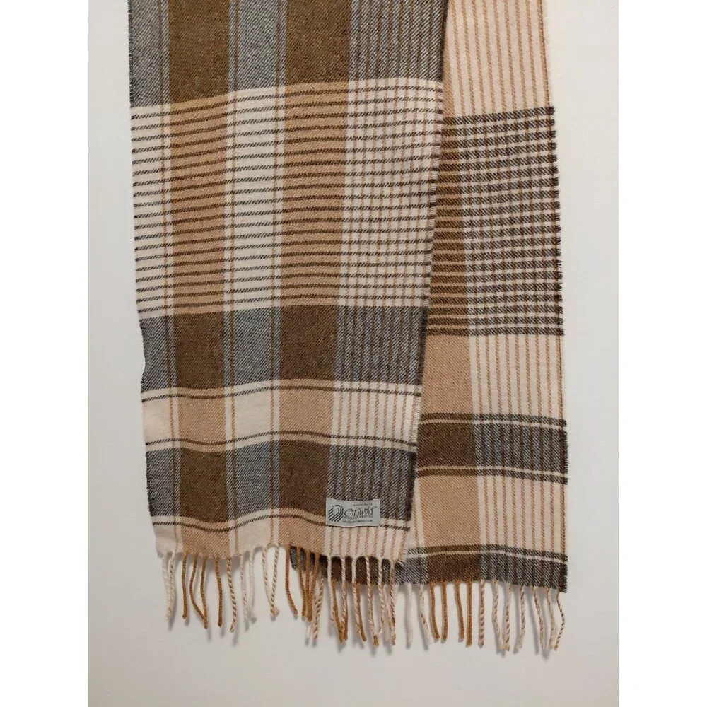 Cotswold Woollen Weavers Plaid Wool Scarf With Fringe Gold Gray Beige